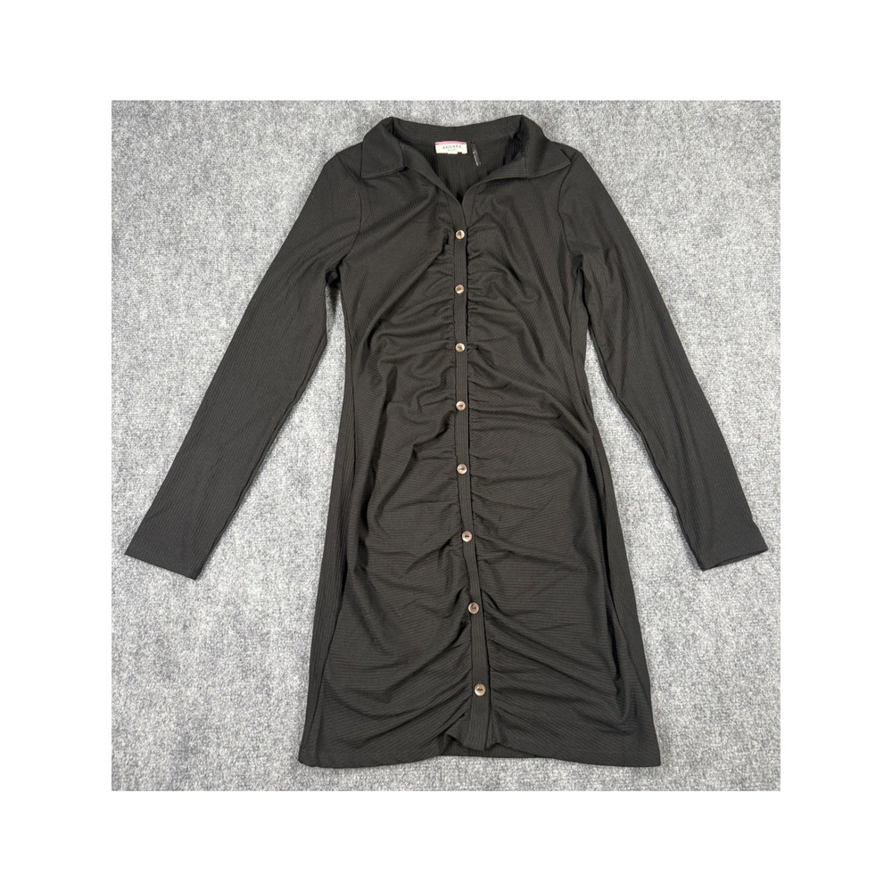Andree by Unit Womens Large Black‎ Ribbed Ruched Button Down Mini Dress NEW